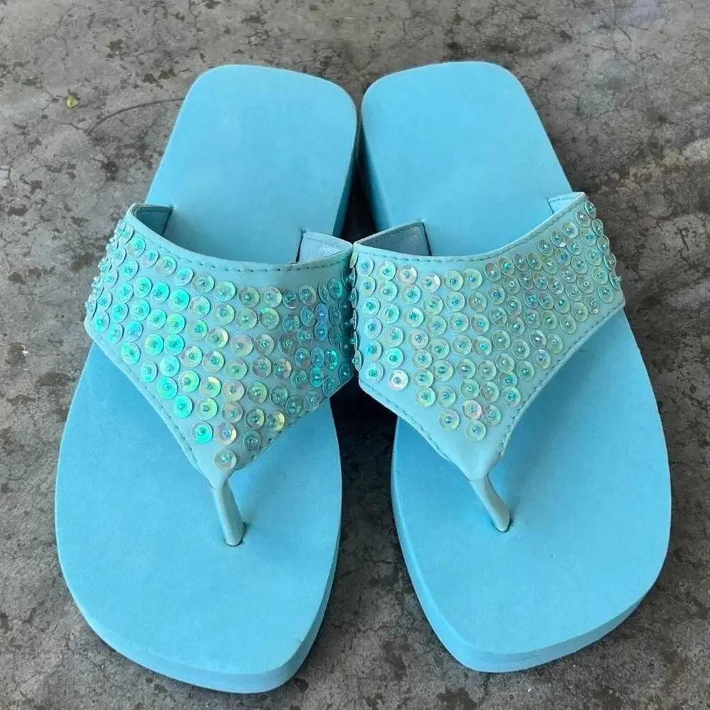 Vintage Y2K Aqua Blue Sequin Platform Flip Flops Sandals Women's 6 Disco 2000s